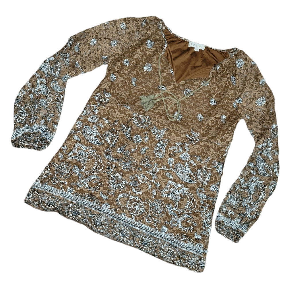 Weekend Suzanne Betro Sheer Sleeve Lacy Tassle Shirt Blouse sz M